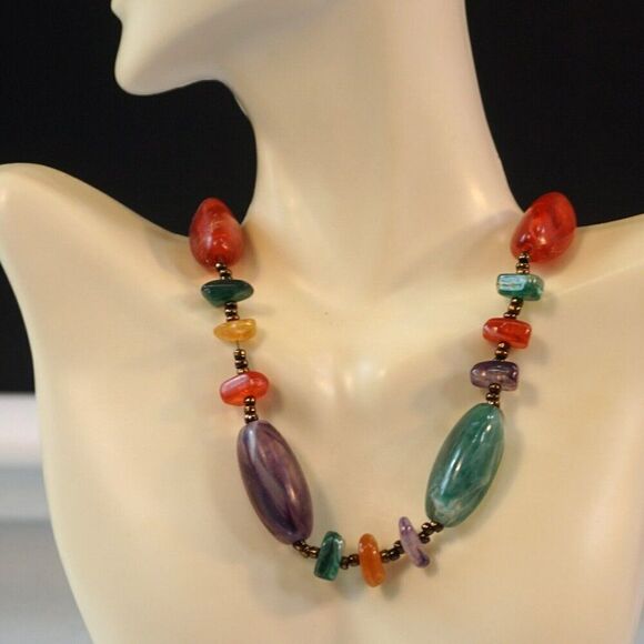 Choker Necklace Polished Multi Colored Gemstone Beads 15 Inch Long - Picture 7 of 7